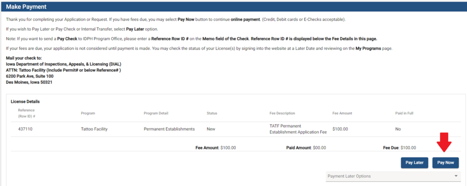 The make payment screen. There is a summary of the fees due and an arrow pointing at the Pay Now button.