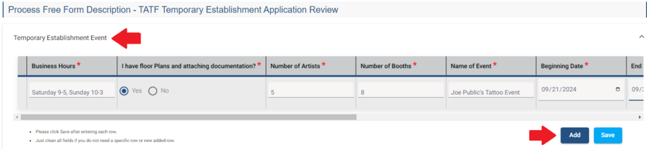 Process Free Form Description section. There is an arrow pointing at the Temporary Establishment Event header indicating where to click to expand the section. This part of the form is expanded showing the fields to complete after clicking the Add button. There is an arrow pointing to the add and save buttons.